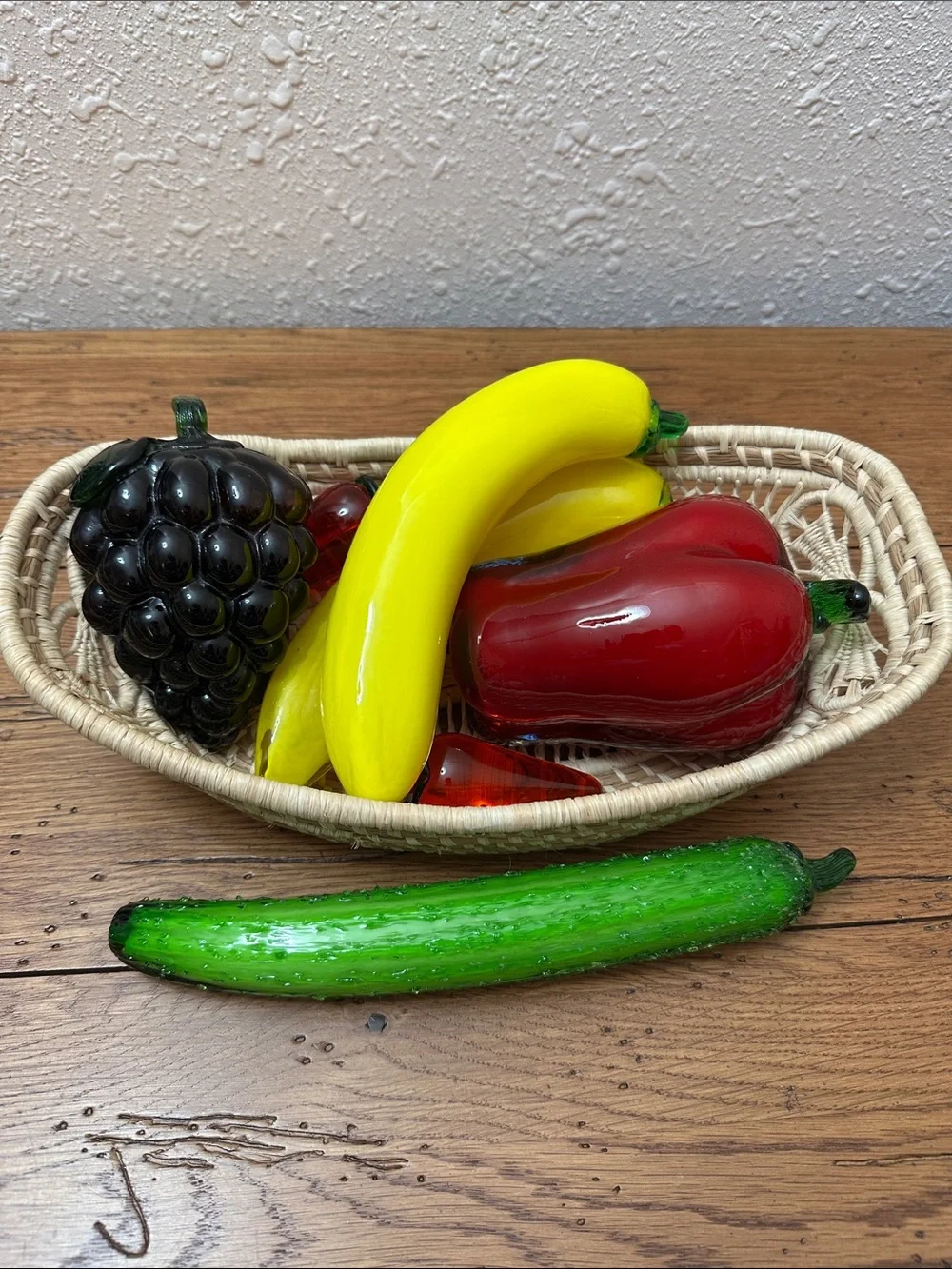 Decorative Glass Fruit Basket - Yellow Bananas, Red Peppers, Green Cucumber